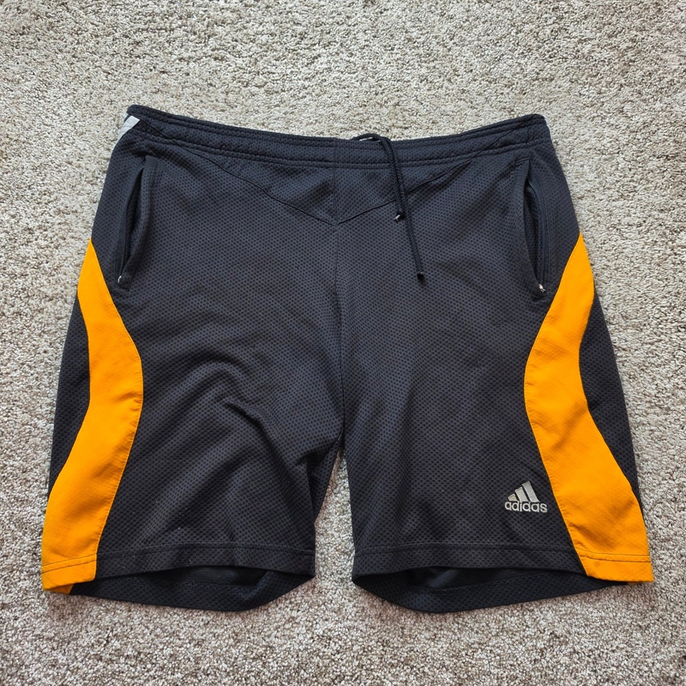 VINTAGE Adidas Shorts Mens Large Black Orange Mesh Zipper Pockets Sporty Adult